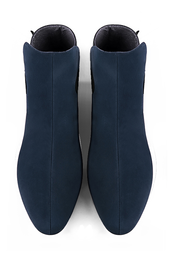 Navy blue and cardinal red women's ankle boots with buckles at the back. Round toe. Flat block heels. Top view - Florence KOOIJMAN